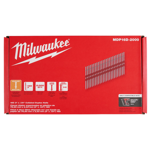 Milwaukee MIL-MDP16D-2000 3-1/2in 16D Collated Duplex Nails - 2000 Per Box