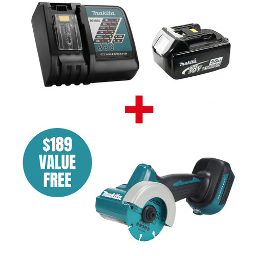 Makita MAK-Y-00309-DMC300Z DC18RC Rapid Charger 5AH Kit + 18V LXT BL 3 in Compact Cut-Off Tool w/AFT & XPT Bare Tool