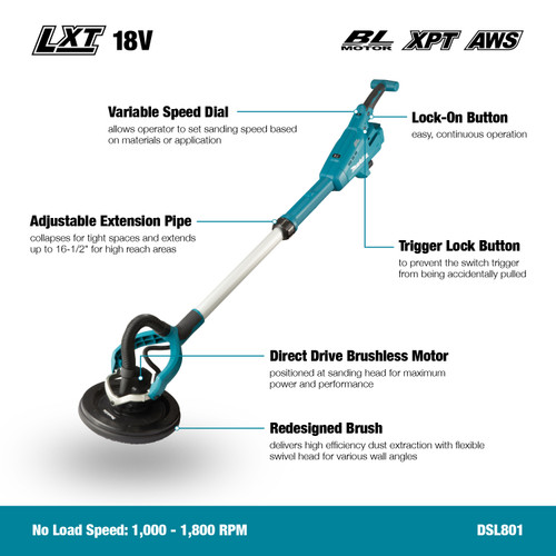 Makita MAK-DSL801ZX1 18V LXT Brushless 8-7/8in Drywall Sander w/AWS, (Bare Tool)