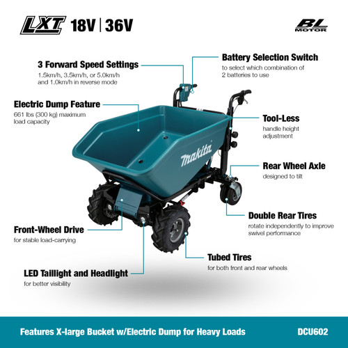 Makita MAK-DCU602Z 36V (18Vx2) LXT Brushless Material Mover with XL Bucket, Electric Dump, Bare Tool