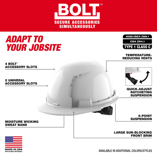 Milwaukee MIL-48-73-12XX BOLT Front Brim Hard Hat with 6-Point Ratcheting Suspension (USA) - Vented Class C