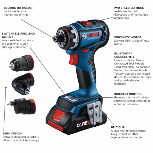 Bosch BOS-GSR18V-800FCB24 18V Drill/Driver with 5-In-1 Flexiclick System and 2 CORE18V 4.0Ah Advanced Power Batteries