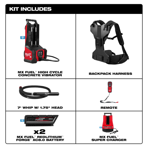 Milwaukee MIL-MXF372-2XCB MX Fuel Backpack High Cycle Concrete Vibrator Kit With 7ft Whip And 1.75in Head