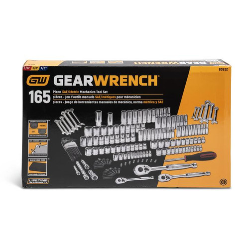 GEARWRENCH GW-80932 1/4in 3/8in And 1/2in Drive 6 Point Standard And Deep SAE/Metric Mechanics Tool Set 165-Pieces