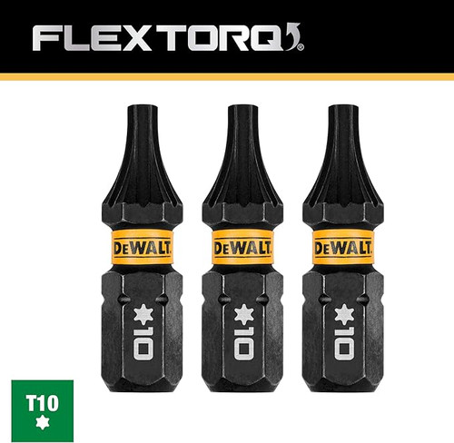 DEWALT DEW-DWAF1TX10IR3 Flextorq Torx T10 Bits 1/4 x 1in For Impact Drivers And Drills Hex Shank