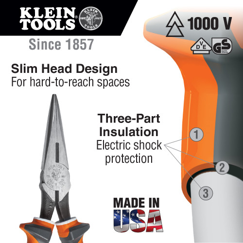 Klein Tools KLE-2037EINS 7in Slim Insulated Long Nose Side Cut Pliers