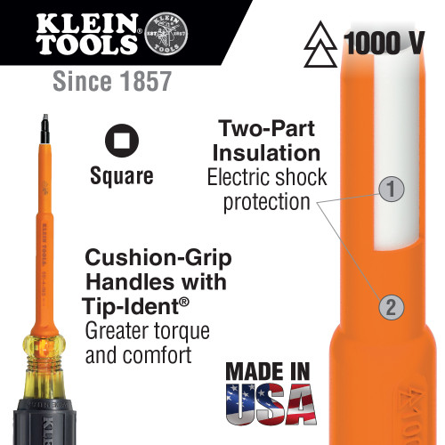Klein Tools KLE-6627INS 7in Round Shank #2 Square Insulated Screwdriver