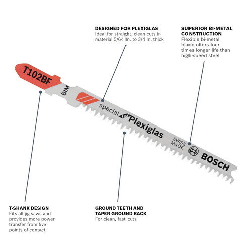 Bosch BOS-T102BF 3-5/8in T-Shank Jig Saw Blades Pro For Plexiglas
