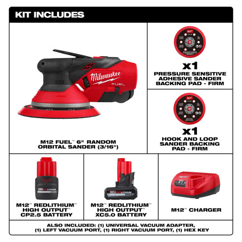 Milwaukee MIL-2585-22CX M12 Fuel 6in Random Orbital Sander 5.0Ah and 2.0Ah Kit - 3/16in