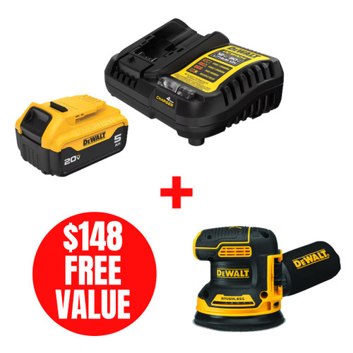 Dewalt DEW-DCB205C-DCW210B 20V MAX XR Lithium-Ion 5.0Ah Battery with Charger + 5in Random Orbital Sander