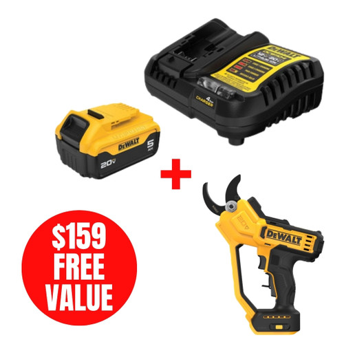Dewalt DEW-DCB205C-DCPR320B 20V MAX XR Lithium-Ion 5.0Ah Battery with Charger + Bonus 1-1/2in Cordless Pruner