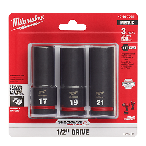 Milwaukee MIL-49-66-7025 SHOCKWAVE Impact Duty 1/2in Drive Metric Deep 6 Point 3-Piece Socket Set