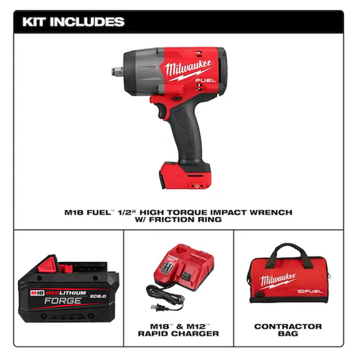 Milwaukee MIL-2967-21F M18 FUEL 1/2 Inch High Torque Impact Wrench with Friction Ring REDLITHIUM FORGE 8.0Ah Kit