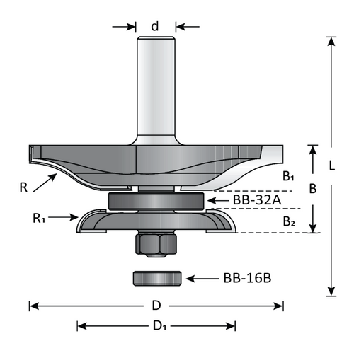 Dimar DIM-126R8-84BC 3-3/8in DIA, Carbide Tipped, Ogee Fillet Raised Panel Bit with Back Cutter, 2 Flutes, 1/2in Shank, 3-1/16in Length