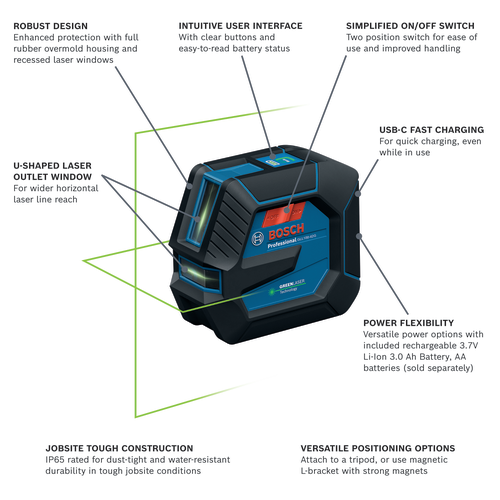 Bosch BOS-GLL100-42G GLL100-42GL 3.7V Green-Beam Self-Leveling Cross-Line Laser with 3.0Ah Li-Ion Battery