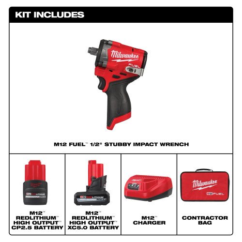 Milwaukee MIL-2563-22 M12 FUEL 1/2in Stubby Impact Wrench with XC5.0 (5Ah) and CP2.5 (2.5Ah) Batteries and Charger Kit