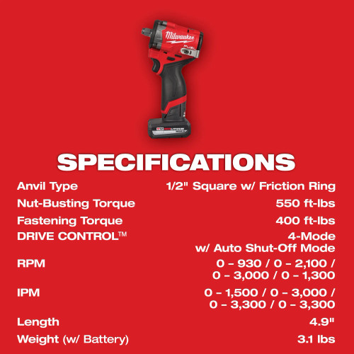 Milwaukee MIL-2563-22 M12 FUEL 1/2in Stubby Impact Wrench with 5.0Ah and 2.0Ah Kit