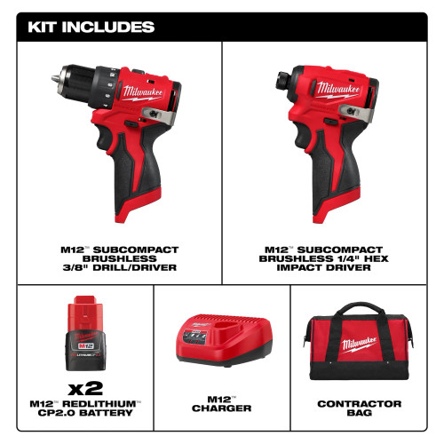 Milwaukee MIL-3494-22 M12 Subcompact Brushless 2-Tool Combo 2x 2.0Ah Kit