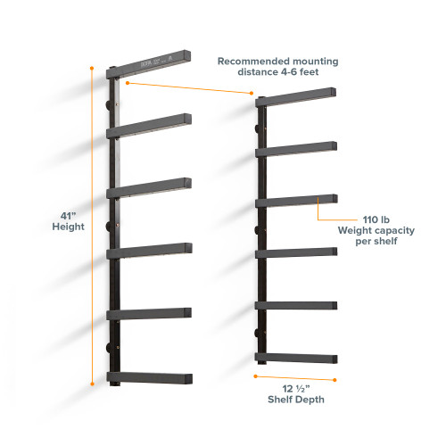 BORA Tool BORA-PBR-006B Wood and Lumber Storage Metal Rack with 6-Level Wall Mount