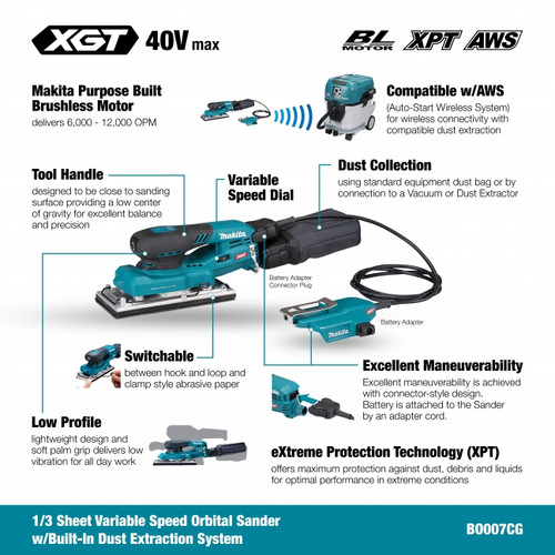 Makita MAK-BO007CGZ 40V MAX XGT Brushless 1/3in Sheet Orbital Sander with AWS Bare Tool