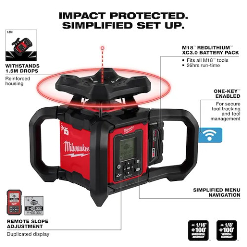 Milwaukee MIL-3704-21T M18 FUEL Red Exterior Dual Slope Rotary Laser Level 3.0Ah Kit
