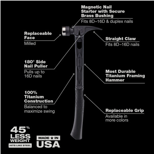 Stiletto STIL-TIB15MC-CBL Limited Edition TIBONE 15oz Titanium Framing Hammer Milled Face - Black