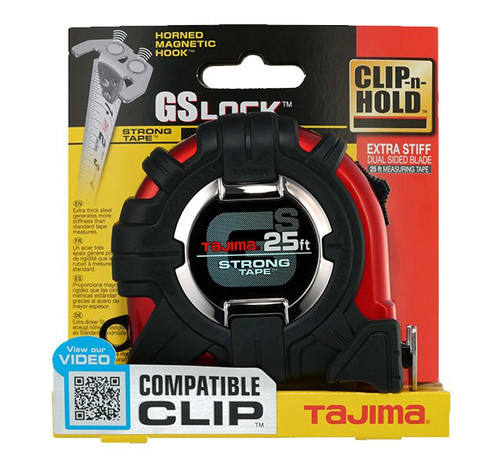Tajima TAJ-GS-MC25BW 25ft GS-LOCK Tape Measure with Horned Magnetic Hook & Compatible Clip