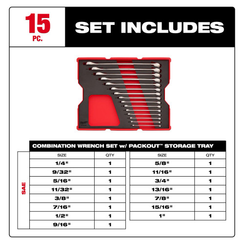 Milwaukee MIL-48-22-0155 15-Piece SAE Combination Wrench Set with Tray For PACKOUT Drawers