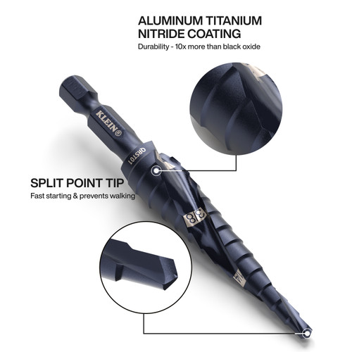 Klein Tools KLE-QRST2S Step Drill Bit Set, Quick-Release, Double Fluted, 3-Piece
