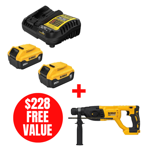 DEWALT DEW-DCB205-2C-DCH133B 20V MAX 2x 5.0Ah Starter Kit + DCH133B Rotary Hammer Bare Tool