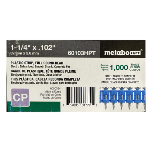 Metabo HPT HPT-60103HPT 1-1/4in X .102inSteel Track to Concrete Nails 1000-Pack