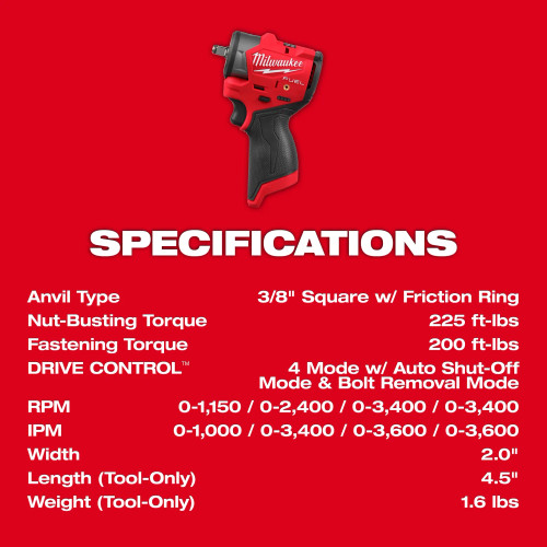 Milwaukee MIL-3049-20 M12 FUEL 3/8in Subcompact Impact Wrench with Friction Ring Bare Tool