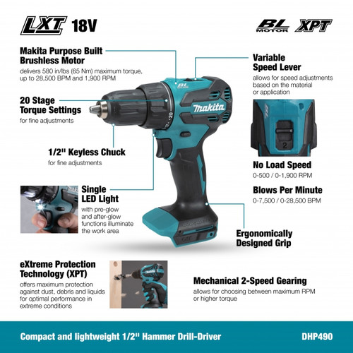 Makita MAK-DHP490Z 18V LXT 1/2in Hammer Drill-Driver Bare Tool