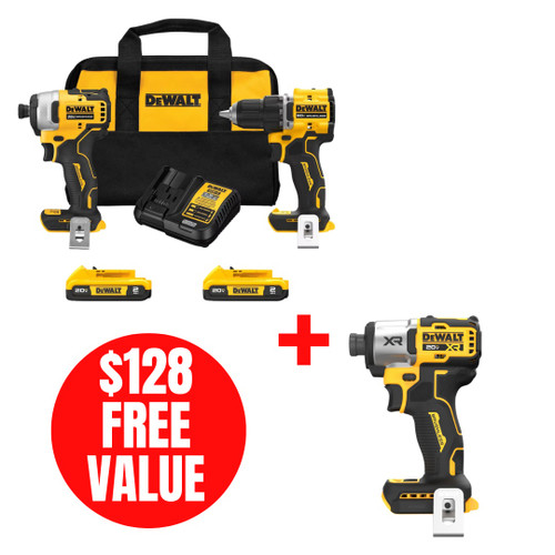 DEWALT DEW-DCK225D2-DCF845B 20V MAX ATOMIC Brushless Compact 1/2in Drill Driver and Impact Driver 2-Tool Combo Kit 1/4in 3-Speed Impact Driver