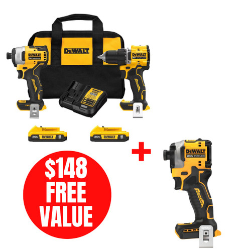 DEWALT DEW-DCK225D2-DCF850B 20V MAX ATOMIC Brushless Compact 1/2in Drill Driver and Impact Driver 2-Tool Combo Kit + 1/4in Brushless 3-Speed Impact Driver