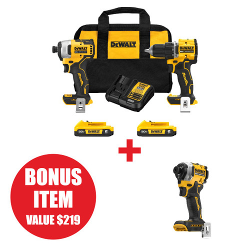DEWALT DCK225D2 + ATOMIC 20V MAX Brushless 1/4in 3-Speed Impact Driver bundle