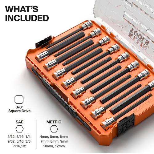 Klein Tools KLE-652216 16-Piece Long Hex Bit Socket Set, SAE and