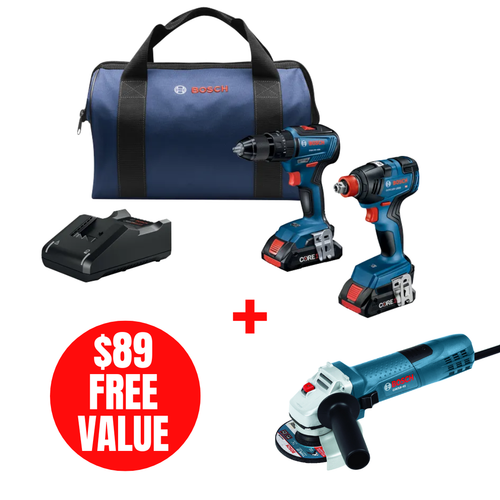 Bosch BOS-GXL18V-233B25-GWS8-45 18V 1/2in Hammer Drill/Driver Combo Kit with 120V 4-1/2in slim Angle Grinder