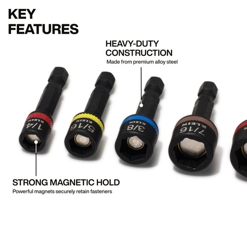 Klein Tools KLE-32925S Magnetic Power Nut Setters, 2in Shaft, 5pc
