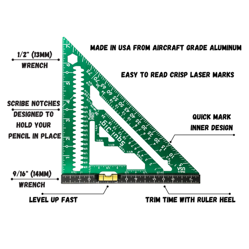 StealthMounts SM-SQUI-JIG-FPRS75GREEN 7-1/2in Fusion Pro Rafter Square with Level - Green