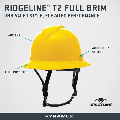 Pyramex PYR-HPT256130 Ridgeline Type 2 Non-Vented Full Brim Hard Hat - Yellow