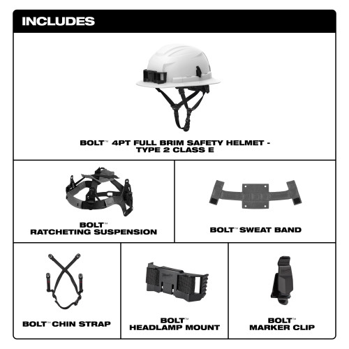Milwaukee MIL-48-73-15-FULLBNV-XX BOLT 4PT Full Brim Non-Vented Safety Helmet - Type 2, Class E