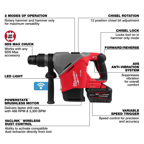 Milwaukee MIL-2917-22HD M18 FUEL 1-9/16in SDS MAX Rotary Hammer Kit with One-Key 2x 12.0Ah Kit