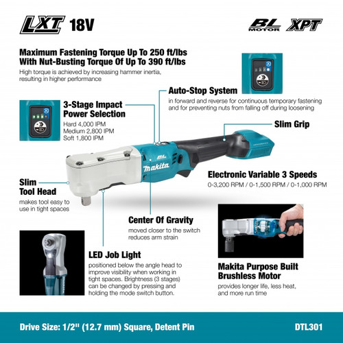 Makita MAK-DTL301Z 18V LXT Brushless 1/2in Angle Impact Wrench, Bare Tool