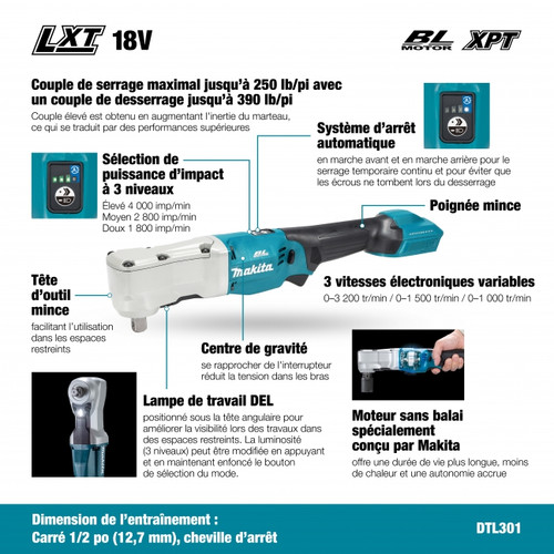 Makita MAK-DTL301Z 18V LXT Brushless 1/2in Angle Impact Wrench, Bare Tool