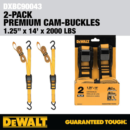 DEWALT DEWL-DXBC90043 1-1/4in x 14ft Cam-Buckle Straps 2,000lb Break Strength 2-Pack