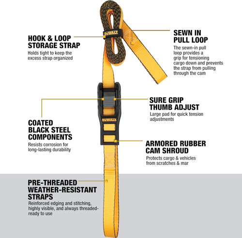 DEWALT DEWL-DXBC90045 1in x 10ft Premium Lashing Straps 1,500lb Break Strength 2-Pack