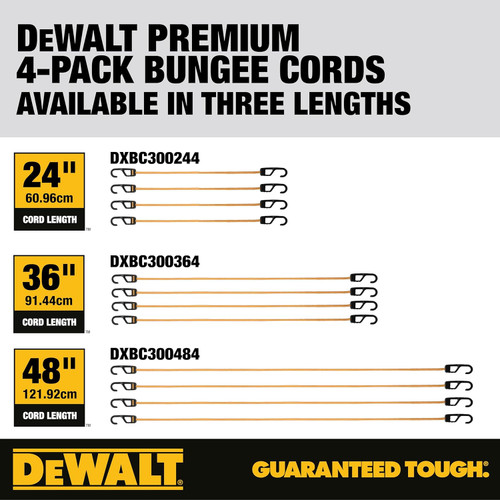 DEWALT DEWL-DXBC300364 36in Premium Heavy-Duty Bungee Cords 4-Pack