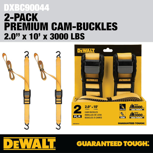 DEWALT DEWL-DXBC90044 2in x 10ft Cam-Buckle Straps 3,000lb Break Strength 2-Pack