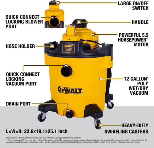 DEWALT DEWL-DXV212P 12 Gallon 5.5 Peak HP Wet/Dry Vacuum with Detachable Blower, Kit